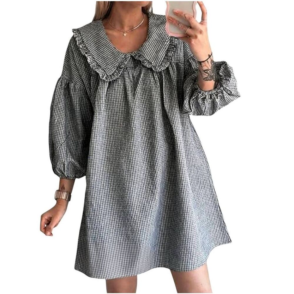 Liltwist Gingham Ruffled Peter Pan Collar Babydoll Dress - Oversized Plaid Mini